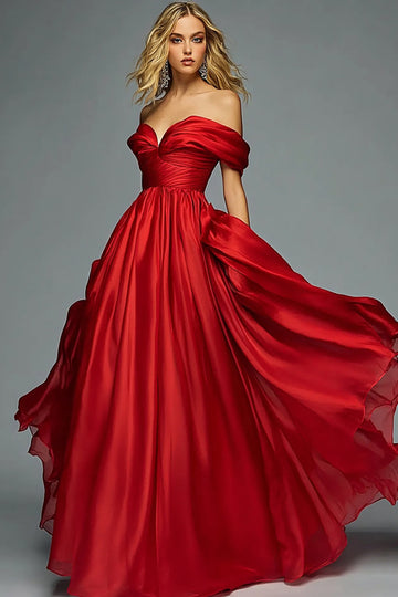 Red Organza Off The Shoulder A Line Pleated Long Formal Dress